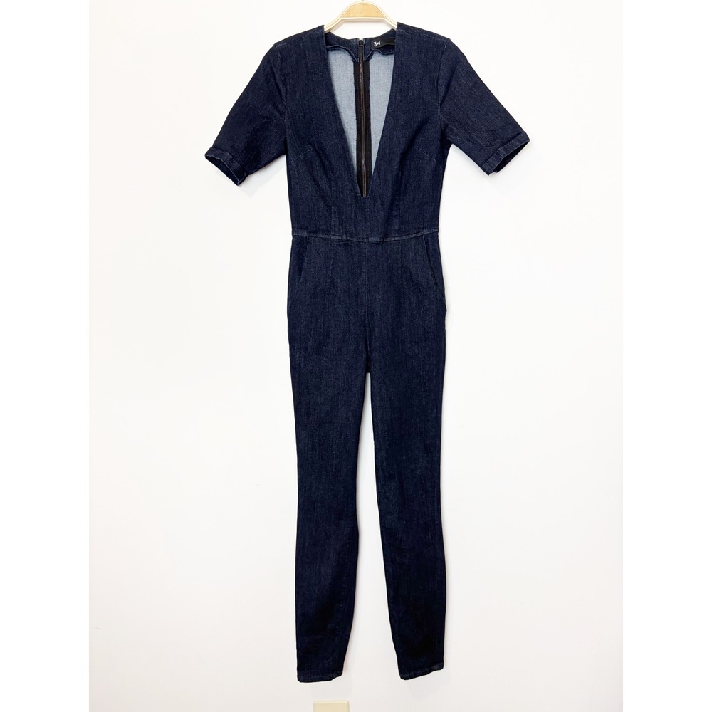 3x1 NYC Women's Denim Plunge V-Neck Jumpsuit Sz Small Slim Fit Dark Indigo